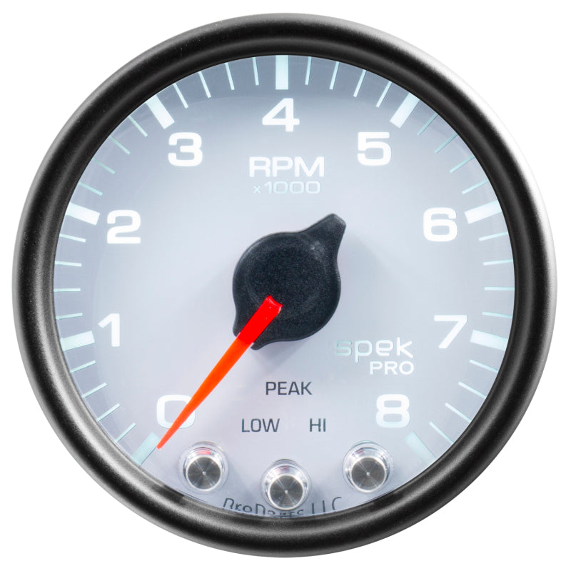 Autometer Spek-Pro Tachometer Gauge 2 1/16in 8K Rpm W/ Shift Light & Peak Mem White / Black Universal | P33412