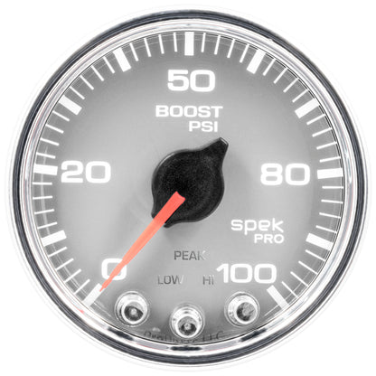 Autometer Spek-Pro Gauge Boost 2 1/16in 100psi Stepper Motor W/Peak & Warn Silver / Chrm Universal | P30521