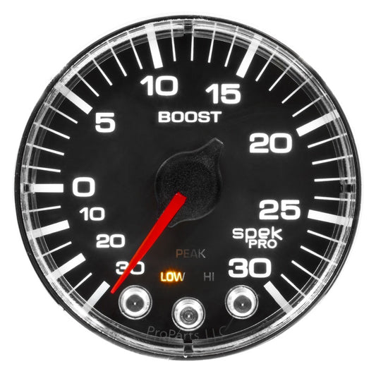 Autometer Spek-Pro Vaccum/Boost Gauge 2 1/16in 30Inhg-30psi Stepper Motor W/Peak & Warn Black / Chrome Universal | P302318