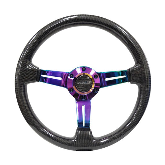 NRG Carbon Fiber Steering Wheel (350mm / 1.5in. Deep) Neochrome 3-Spoke Design w/Slit Cuts