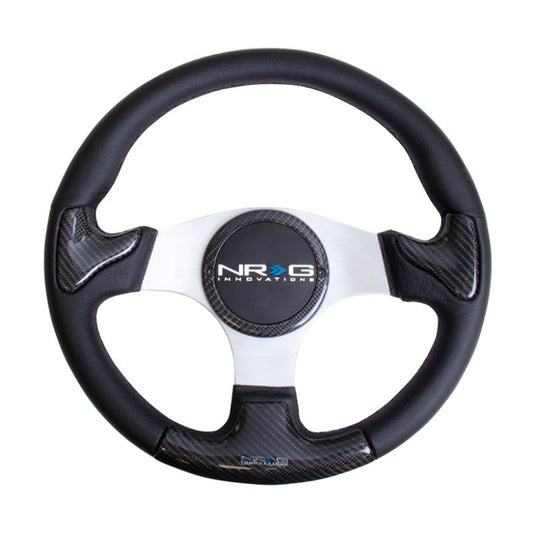 NRG Carbon Fiber Steering Wheel (350mm) Silver Frame Blk Stitching w/Rubber Cover Horn Button