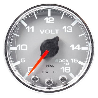 Autometer Spek-Pro Gauge Voltmeter 2 1/16in 16V Stepper Motor W/Peak & Warn Silver / Chrm Universal | P34421