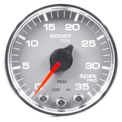 Autometer Spek-Pro Gauge Boost 2 1/16in 35psi Stepper Motor W/Peak & Warn Silver / Chrome Universal | P30321