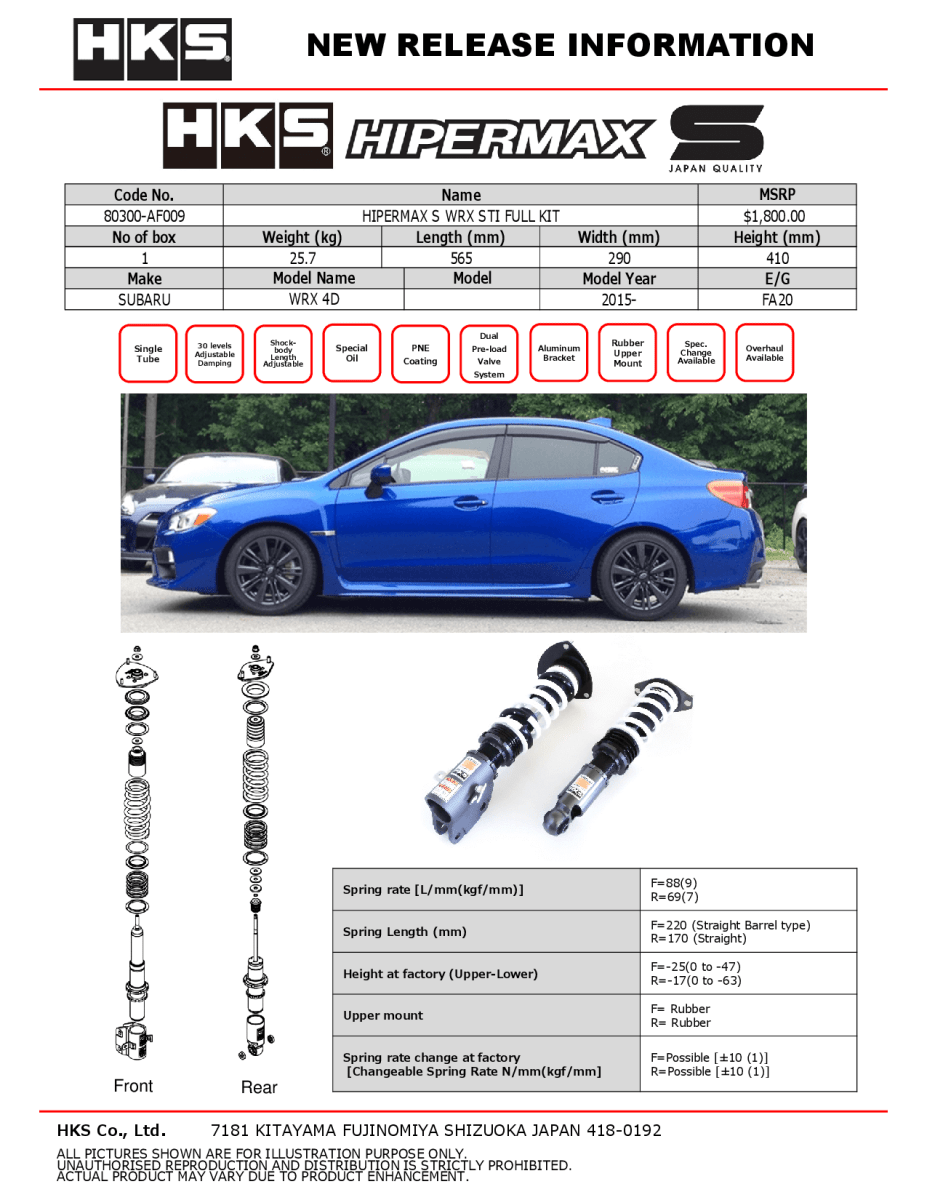 HKS [15-21 WRX/STI] HIPERMAX S Full Coilover Kit | 80300-AF009 - JDMuscleCoilovershks80300-AF009