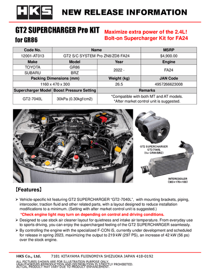 HKS 2022+ BRZ/GR86 GT2 Supercharger Pro Kit | ZN8/ZD8 FA24 | 12001 - AT013 - JDMuscleTurbo Kits / Supercharger Kitshks12001-AT013