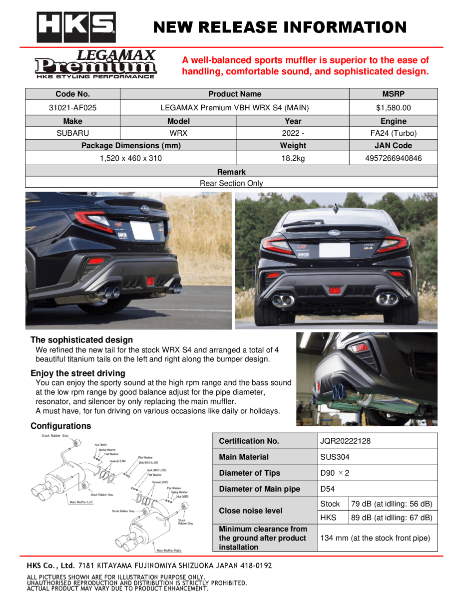 HKS [22-26 WRX] LEGAMAX Premium Axle Back | 31021-AF025 – JDMuscle