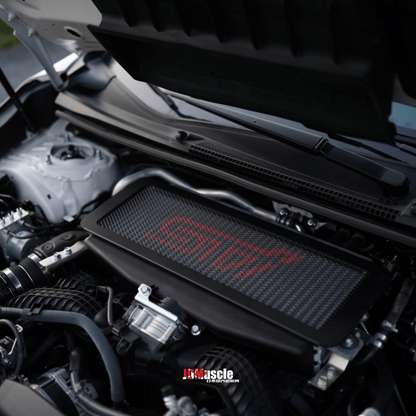 JDMuscle [22 - 26 WRX] Top Mount Intercooler Mesh Guard with WRX/STI Logo - Red/White - JDMuscleIntercooler ShroudsJDM-WRX22-TMIG.9STIBlackRed