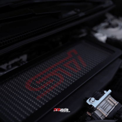 JDMuscle [22 - 26 WRX] Top Mount Intercooler Mesh Guard with WRX/STI Logo - Red/White - JDMuscleIntercooler ShroudsJDM-WRX22-TMIG.9STIBlackRed