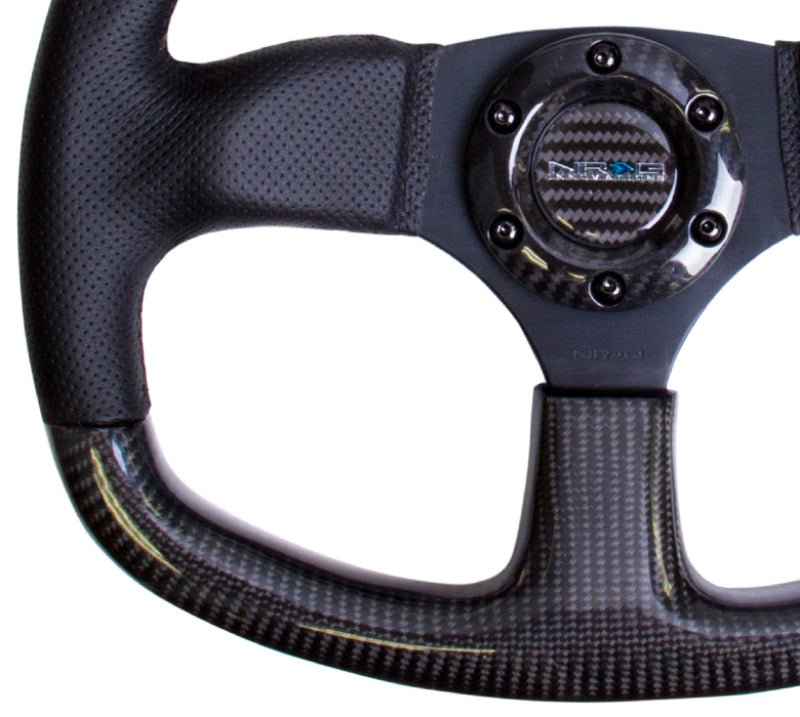 NRG Carbon Fiber Steering Wheel | 320mm Flat Bottom & Leather Trim w/Black Stitching - JDMuscleSteering Wheel Components171427