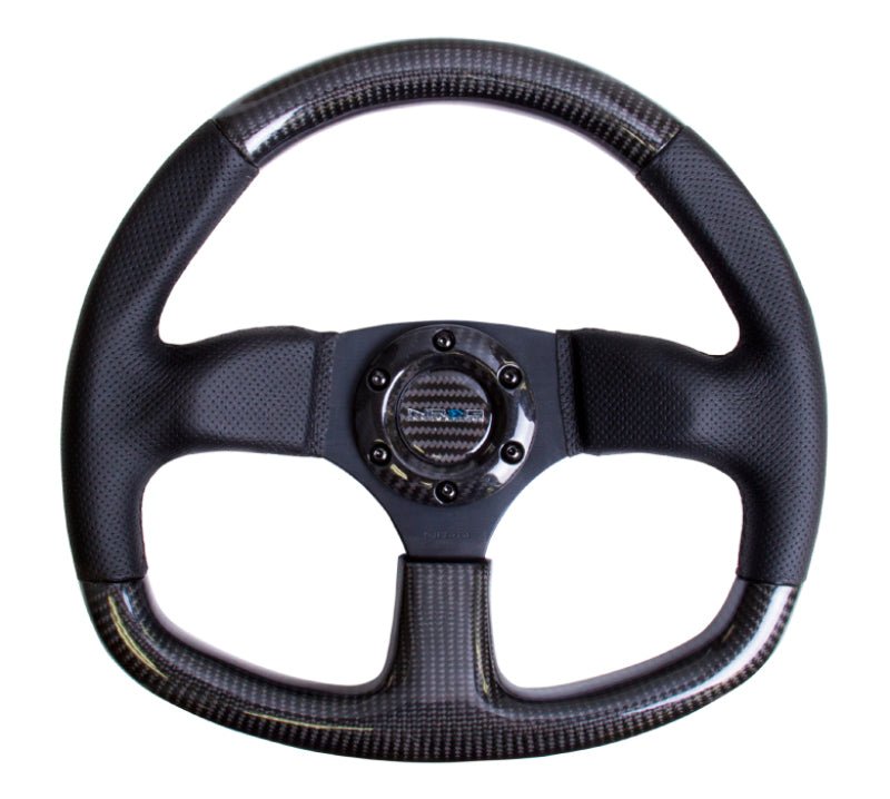 NRG Carbon Fiber Steering Wheel | 320mm Flat Bottom & Leather Trim w/Black Stitching - JDMuscleSteering Wheel Components171427