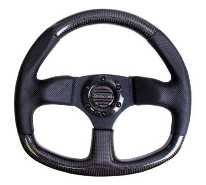 NRG Carbon Fiber Steering Wheel | 320mm Flat Bottom & Leather Trim w/Black Stitching - JDMuscleSteering Wheel Components171427