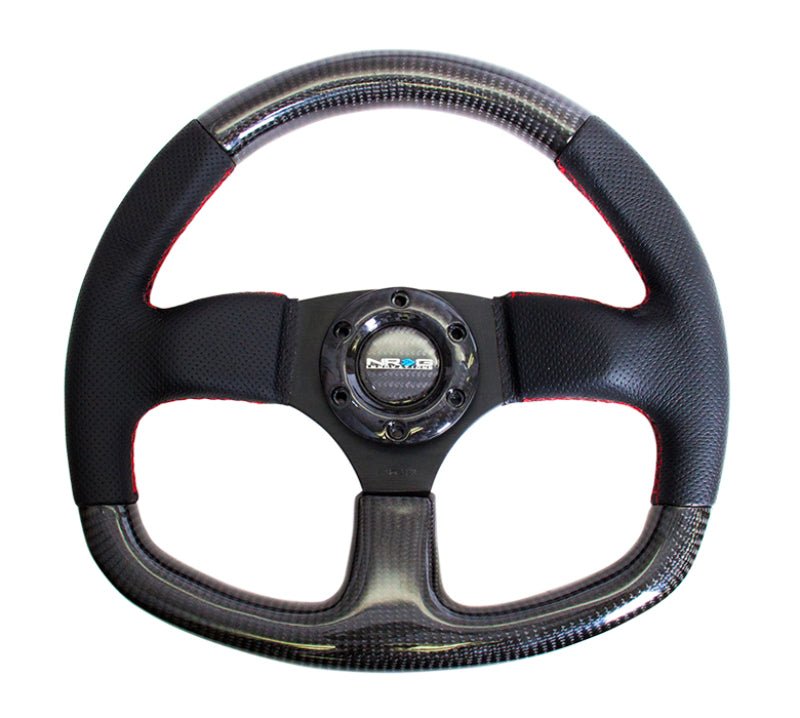 NRG Carbon Fiber Steering Wheel | 320mm Flat Bottom & Leather Trim w/Red Stitching - JDMuscleSteering Wheel Components171428
