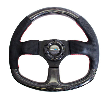 NRG Carbon Fiber Steering Wheel | 320mm Flat Bottom & Leather Trim w/Red Stitching - JDMuscleSteering Wheel Components171428