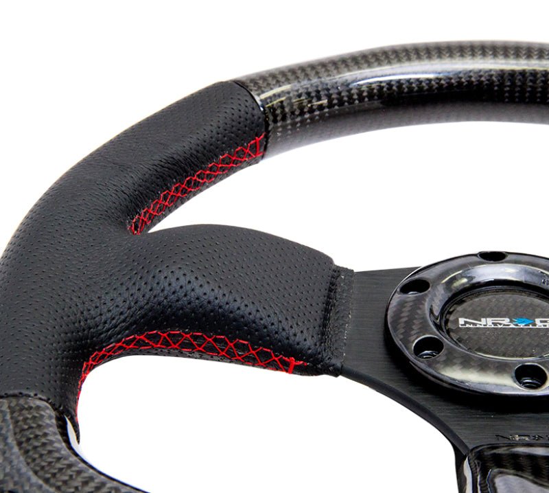 NRG Carbon Fiber Steering Wheel | 320mm Flat Bottom & Leather Trim w/Red Stitching - JDMuscleSteering Wheel Components171428
