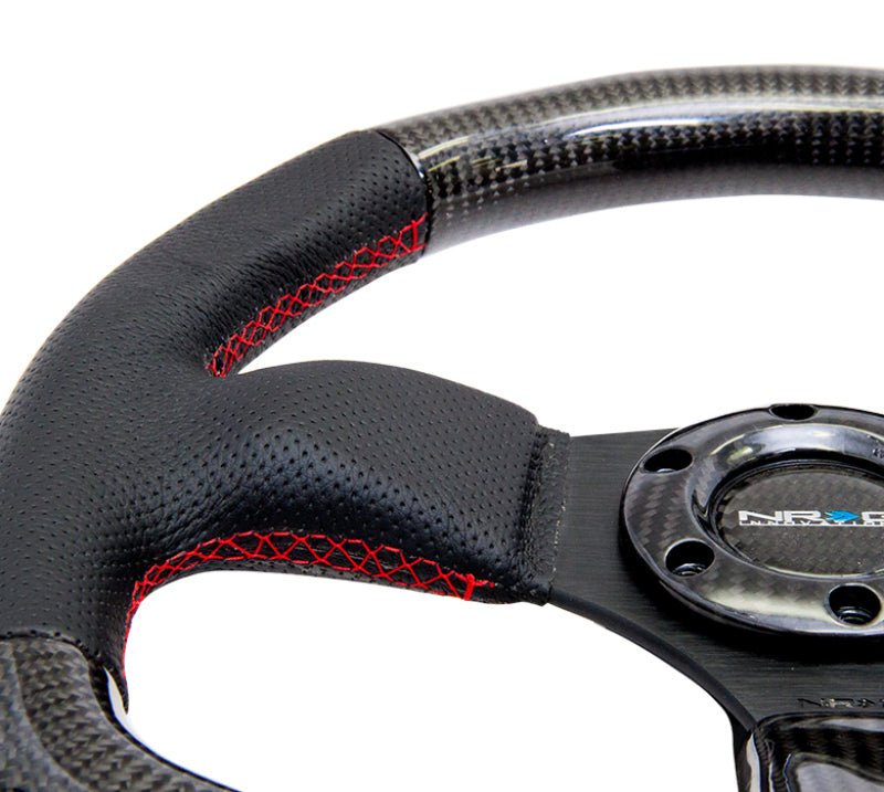 NRG Carbon Fiber Steering Wheel | 320mm Flat Bottom & Leather Trim w/Red Stitching - JDMuscleSteering Wheel Components171428