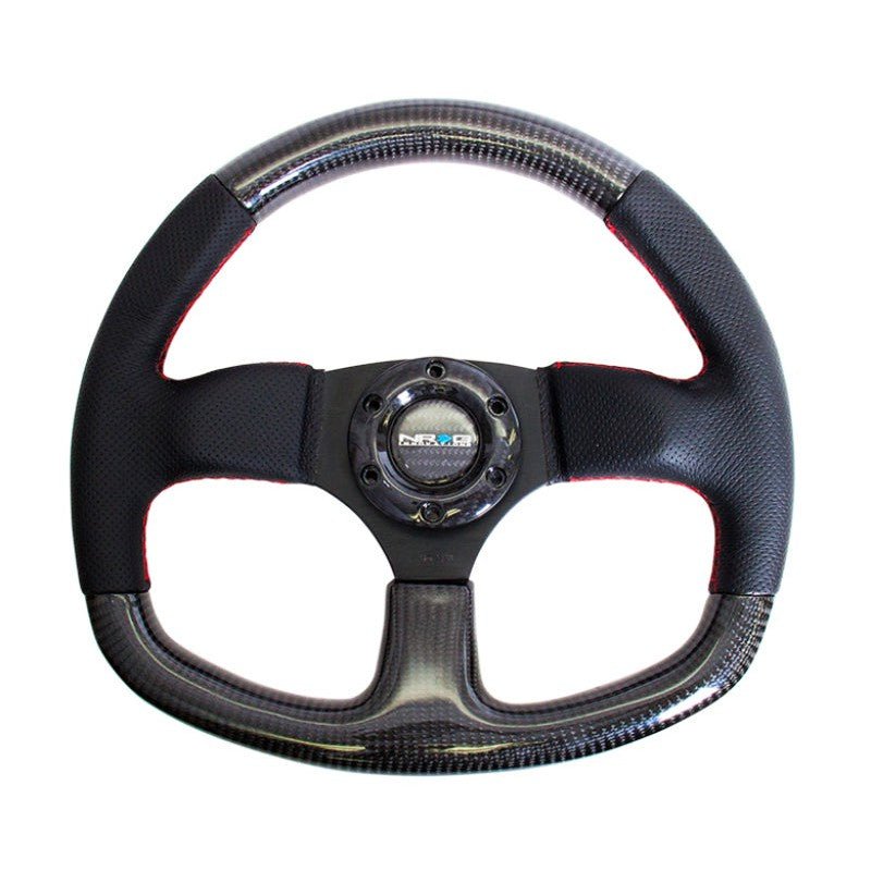 NRG Carbon Fiber Steering Wheel | 320mm Flat Bottom & Leather Trim w/Red Stitching - JDMuscleSteering Wheel Components171428