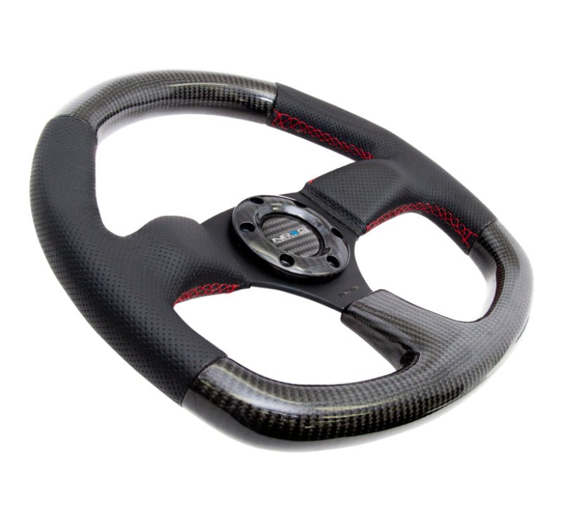 NRG Carbon Fiber Steering Wheel | 320mm Flat Bottom & Leather Trim w/Red Stitching - JDMuscleSteering Wheel Components171428