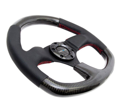 NRG Carbon Fiber Steering Wheel | 320mm Flat Bottom & Leather Trim w/Red Stitching - JDMuscleSteering Wheel Components171428