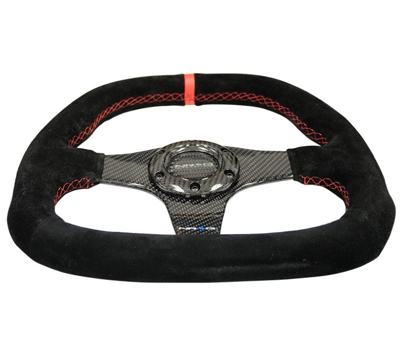 NRG Carbon Fiber Steering Wheel | 320mm Flat Btm. Blk Suede/Red Stitch w/CF Spokes & Red Center Mark - JDMuscleSteering Wheels171420