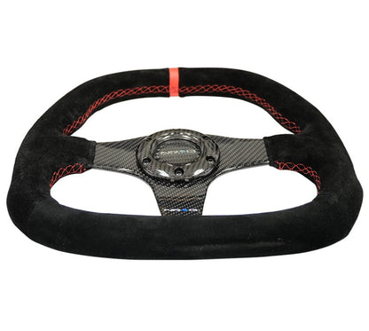 NRG Carbon Fiber Steering Wheel | 320mm Flat Btm. Blk Suede/Red Stitch w/CF Spokes & Red Center Mark - JDMuscleSteering Wheels171420