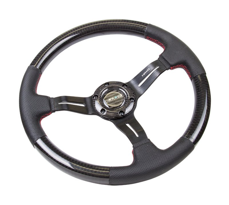 NRG Carbon Fiber Steering Wheel | 350mm /1.5in. Deep Leather Trim w/Red Stitch & Slit Cutout Spokes - JDMuscleSteering Wheel Components171421