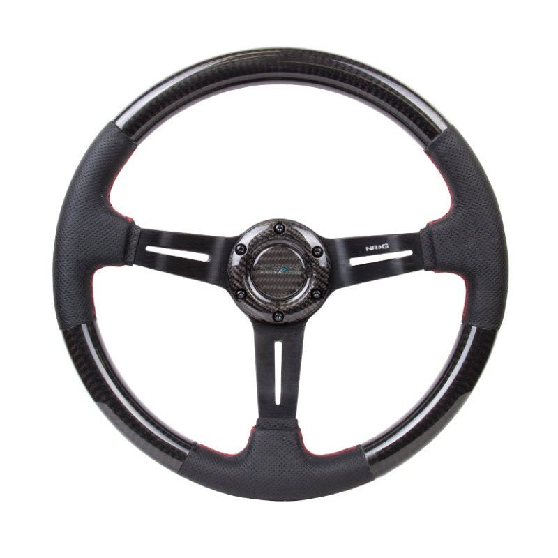 NRG Carbon Fiber Steering Wheel | 350mm /1.5in. Deep Leather Trim w/Red Stitch & Slit Cutout Spokes - JDMuscleSteering Wheel Components171421