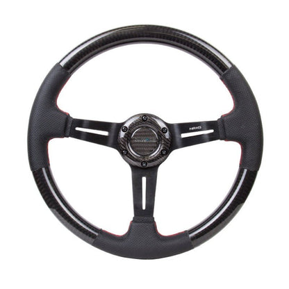 NRG Carbon Fiber Steering Wheel | 350mm /1.5in. Deep Leather Trim w/Red Stitch & Slit Cutout Spokes - JDMuscleSteering Wheel Components171421