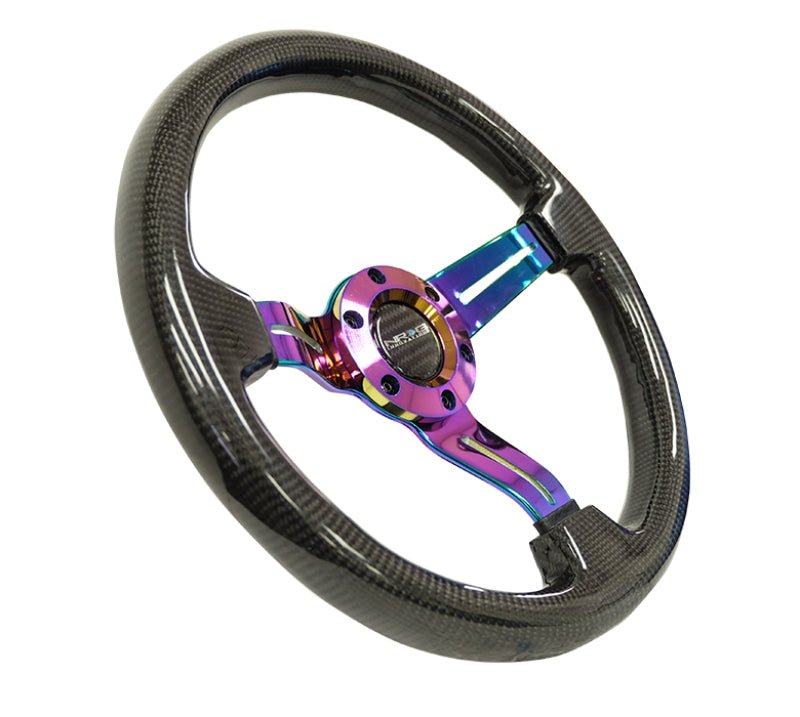 NRG Carbon Fiber Steering Wheel | 350mm / 1.5in. Deep Neochrome 3-Spoke Design w/Slit Cuts - JDMuscleSteering Wheels171425
