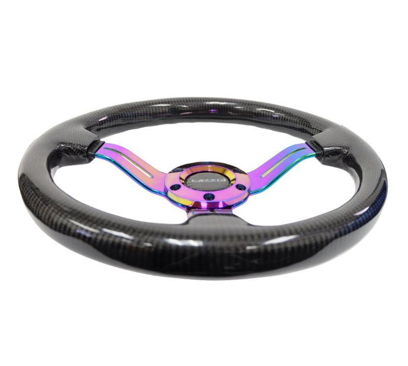 NRG Carbon Fiber Steering Wheel | 350mm / 1.5in. Deep Neochrome 3-Spoke Design w/Slit Cuts - JDMuscleSteering Wheels171425