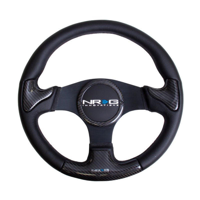 NRG Carbon Fiber Steering Wheel | 350mm Blk Frame Blk Stitching w/Rubber Cover Horn Button - JDMuscleHorns171426