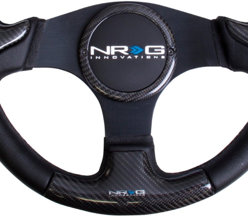 NRG Carbon Fiber Steering Wheel | 350mm Blk Frame Blk Stitching w/Rubber Cover Horn Button - JDMuscleHorns171426