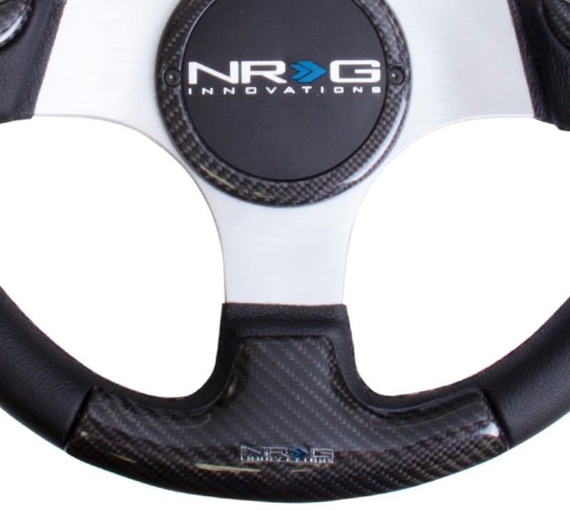 NRG Carbon Fiber Steering Wheel | 350mm Silver Frame Blk Stitching w/Rubber Cover Horn Button - JDMuscleHorns171424
