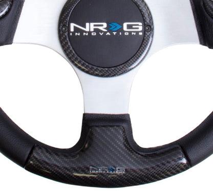 NRG Carbon Fiber Steering Wheel | 350mm Silver Frame Blk Stitching w/Rubber Cover Horn Button - JDMuscleHorns171424