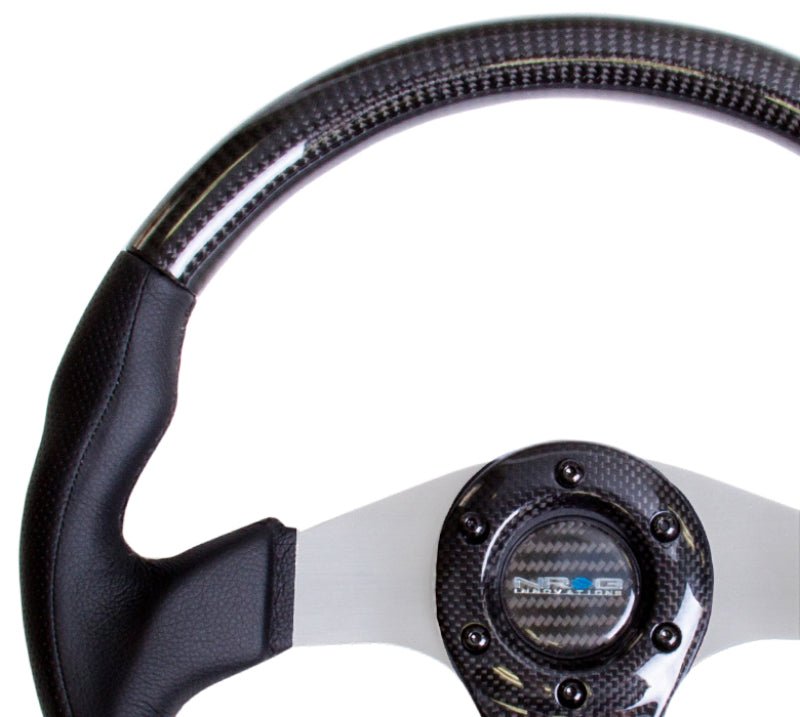 NRG Carbon Fiber Steering Wheel | 350mm Silver Oval Shape w/Leather Trim - JDMuscleSteering Wheel Components171431