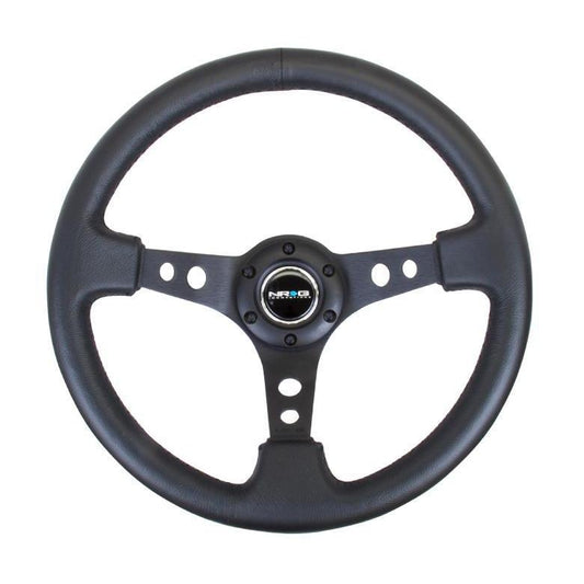 NRG Reinforced Steering Wheel (350mm / 3in. Deep) Blk Leather w/Blk Spoke & Circle Cutouts - Universal (RST-006BK)-nrgRST-006BK-RST-006BK-Steering Wheels-NRG-JDMuscle