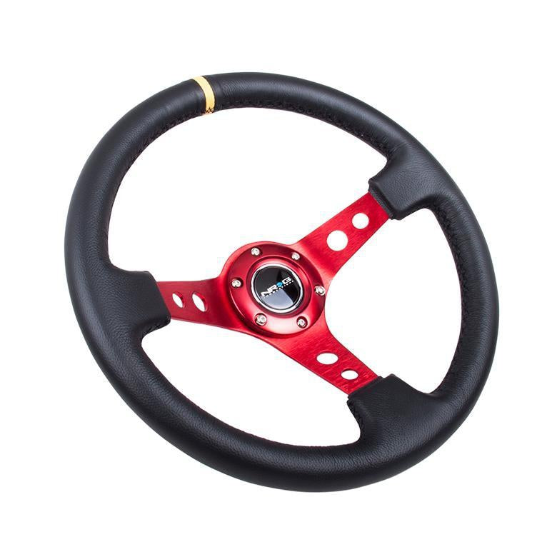 NRG Reinforced Steering Wheel (350mm / 3in. Deep) Blk Leather w/Red Spokes & Sgl Yellow Center Mark- Universal (RST-006RD-Y)-nrgRST-006RD-Y-RST-006RD-Y-Steering Wheels-NRG-JDMuscle