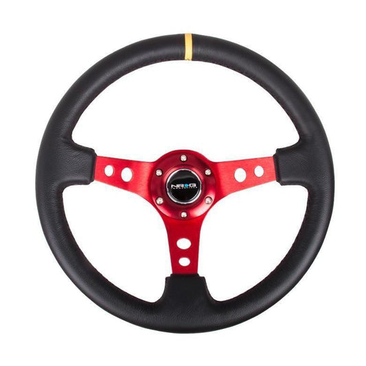 NRG Reinforced Steering Wheel (350mm / 3in. Deep) Blk Leather w/Red Spokes & Sgl Yellow Center Mark- Universal (RST-006RD-Y)-nrgRST-006RD-Y-RST-006RD-Y-Steering Wheels-NRG-JDMuscle