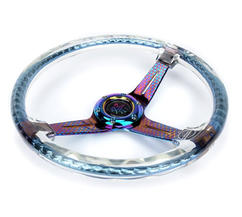 NRG Reinforced Steering Wheel | 350mm/2in. Deep Clear Acrylic Steering wheel w/Slits - Clr./Geo.Chr. - JDMuscleSteering Wheels416009
