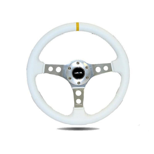 NRG Sport 2in Deep Steering Wheel 350mm White Leather w/ White Stitching - Universal (RST-006WT-Y)-nrgRST-006WT-Y-RST-006WT-Y-Steering Wheels-NRG-JDMuscle