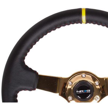 NRG Sport 3in Deep Steering Wheel 350mm Black Leather w/ Red Baseball Stitching Gold Center Yellow Marking - Universal (ST-036GD-Y)-nrgST-036GD-Y-ST-036GD-Y-Steering Wheels-NRG-JDMuscle