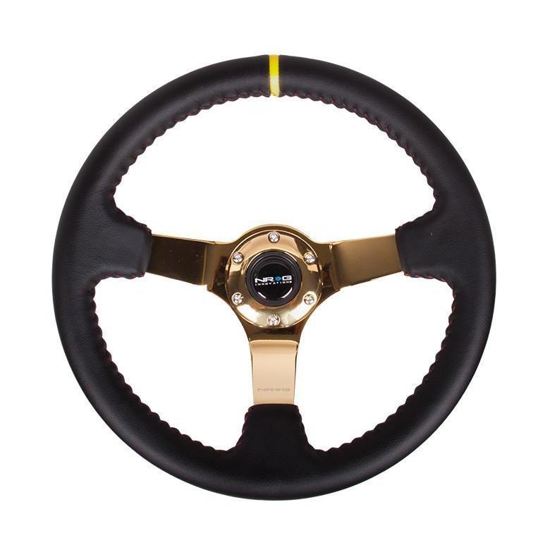 NRG Sport 3in Deep Steering Wheel 350mm Black Leather w/ Red Baseball Stitching Gold Center Yellow Marking - Universal | ST-036GD-Y
