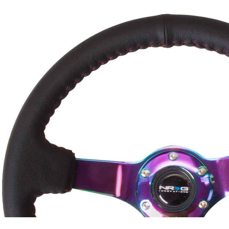 NRG Sport 3in Deep Steering Wheel 350mm Black Leather w/ Red Baseball Stitching & Neochrome Center - Universal (ST-036MC)-nrgST-036MC-ST-036MC-Steering Wheels-NRG-JDMuscle