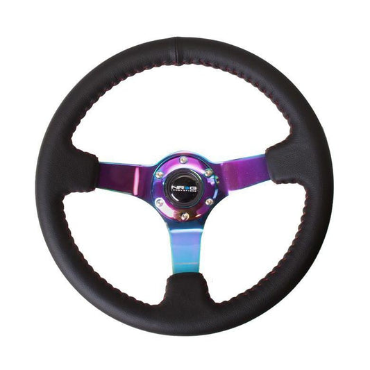 NRG Sport 3in Deep Steering Wheel 350mm Black Leather w/ Red Baseball Stitching & Neochrome Center - Universal (ST-036MC)-nrgST-036MC-ST-036MC-Steering Wheels-NRG-JDMuscle