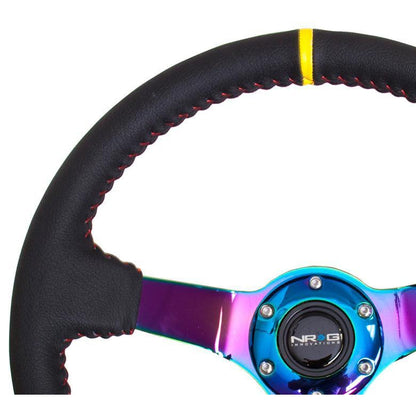 NRG Sport 3in Deep Steering Wheel 350mm Black Leather w/ Red Baseball Stitching & Neochrome Center Yellow Marking - Universal (ST-036MC-Y)-nrgST-036MC-Y-ST-036MC-Y-Steering Wheels-NRG-JDMuscle