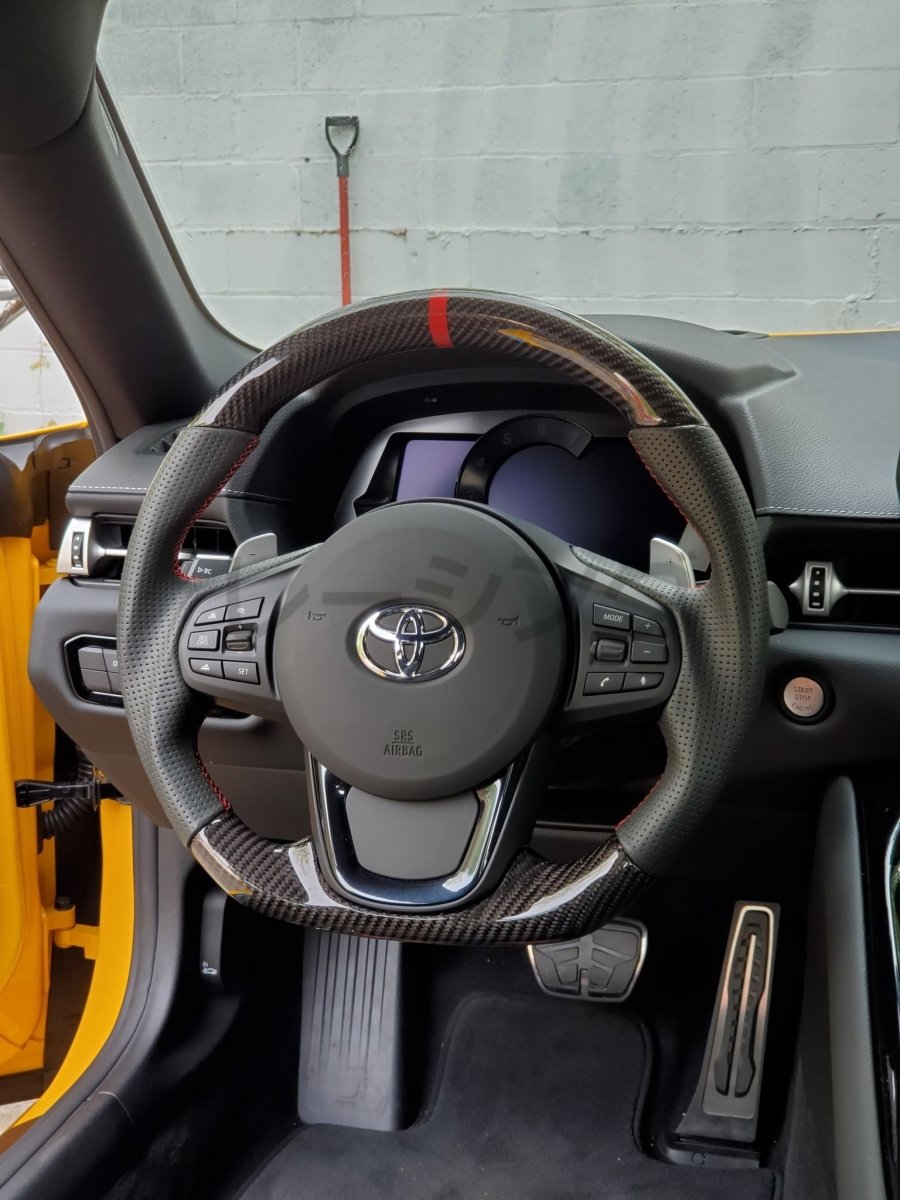 Racing Art [20+ A90 Supra MKV] Carbon Fiber Steering Wheel *Clearance* - JDMuscleSteering WheelsRA-SUP-STR3Carbon+Suede+Red Ring