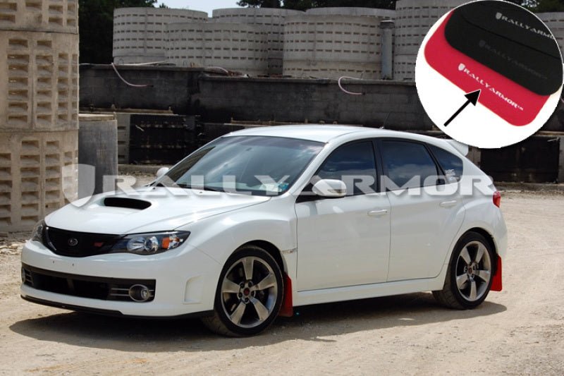 Rally Armor [08-14 STI Hatchback, 11-14 WRX Hatchback] V2 UR Red Mud Flap w/ White Logo - JDMuscleMudflapsralMF15-UR-RD/WH
