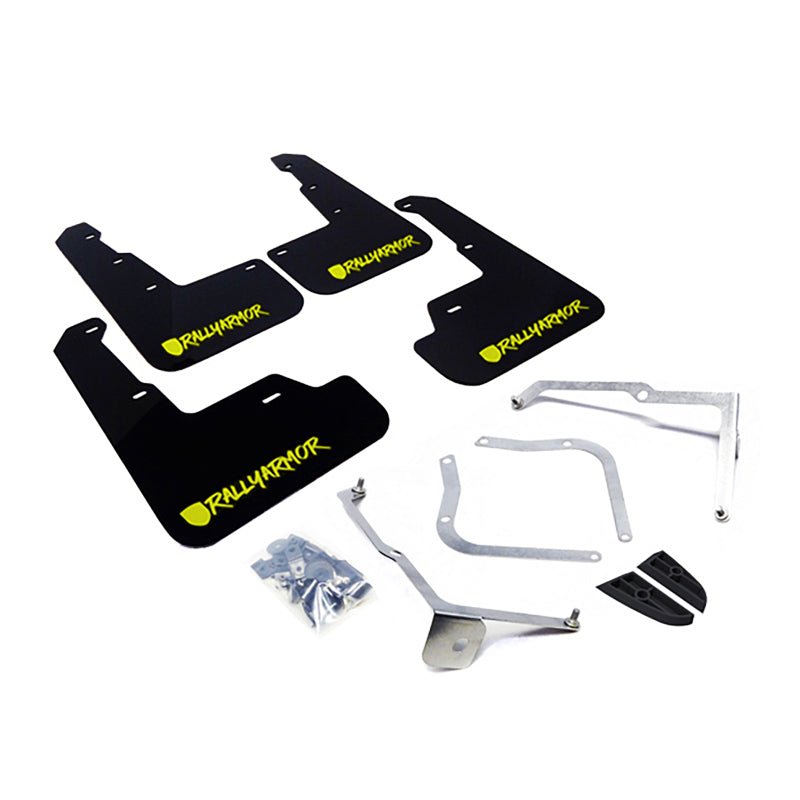 Rally Armor [15-21 WRX/STI] UR Mudflaps Black Urethane w/ New Era Neon Yellow Logo - JDMuscleMudflapsralMF32-UR-BLK/CGN-X