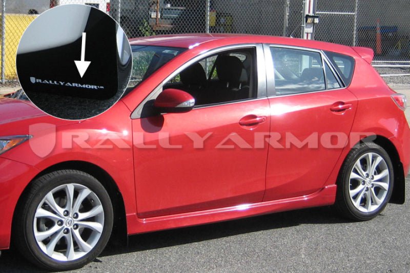 Rally Armor UR Black Mud Flap w/ White Logo Mazda Mazdaspeed3 2010-2013 | MF17-UR-BLK/WH - JDMuscleMudflapsralMF17-UR-BLK/WH