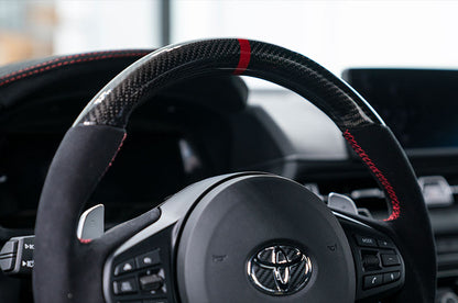 OLM CARBON PRO STEERING WHEEL CARBON FIBER AND ALCANTARA WITH RED STRIPE 2020-21 Toyota A90 Supra | OLMA.70223.1